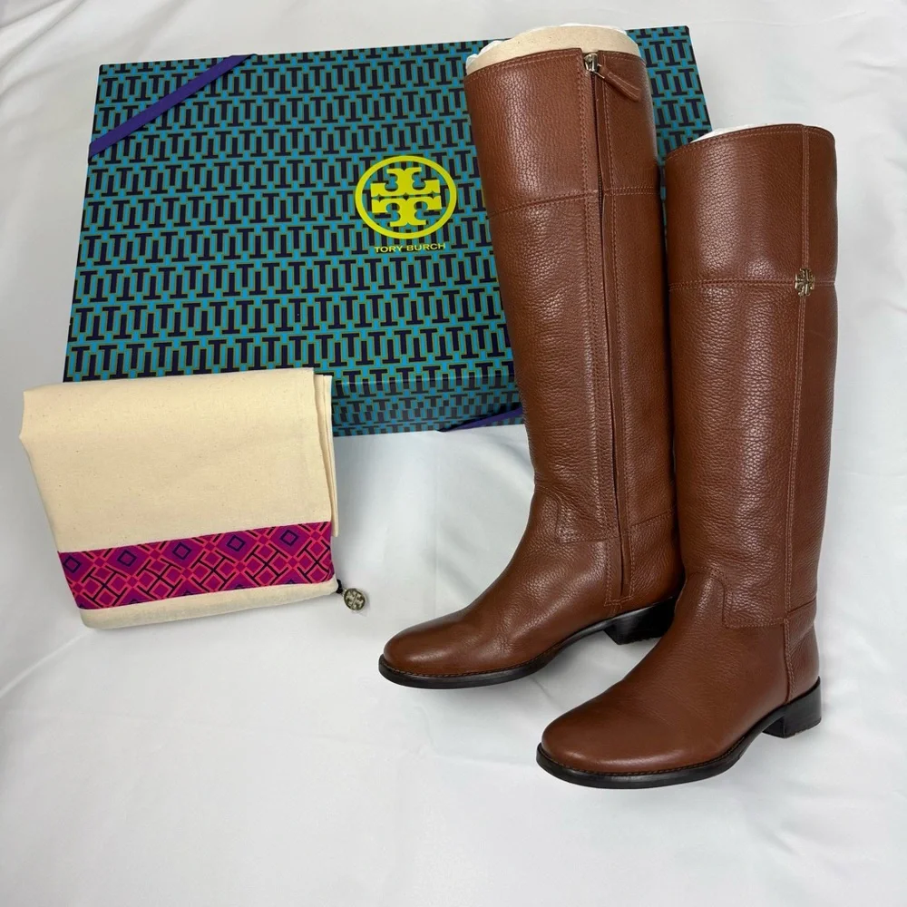 TORY BURCH Boots Brown Leather Tall Jolie Riding Boots 6.5 - Picture 1 of 14